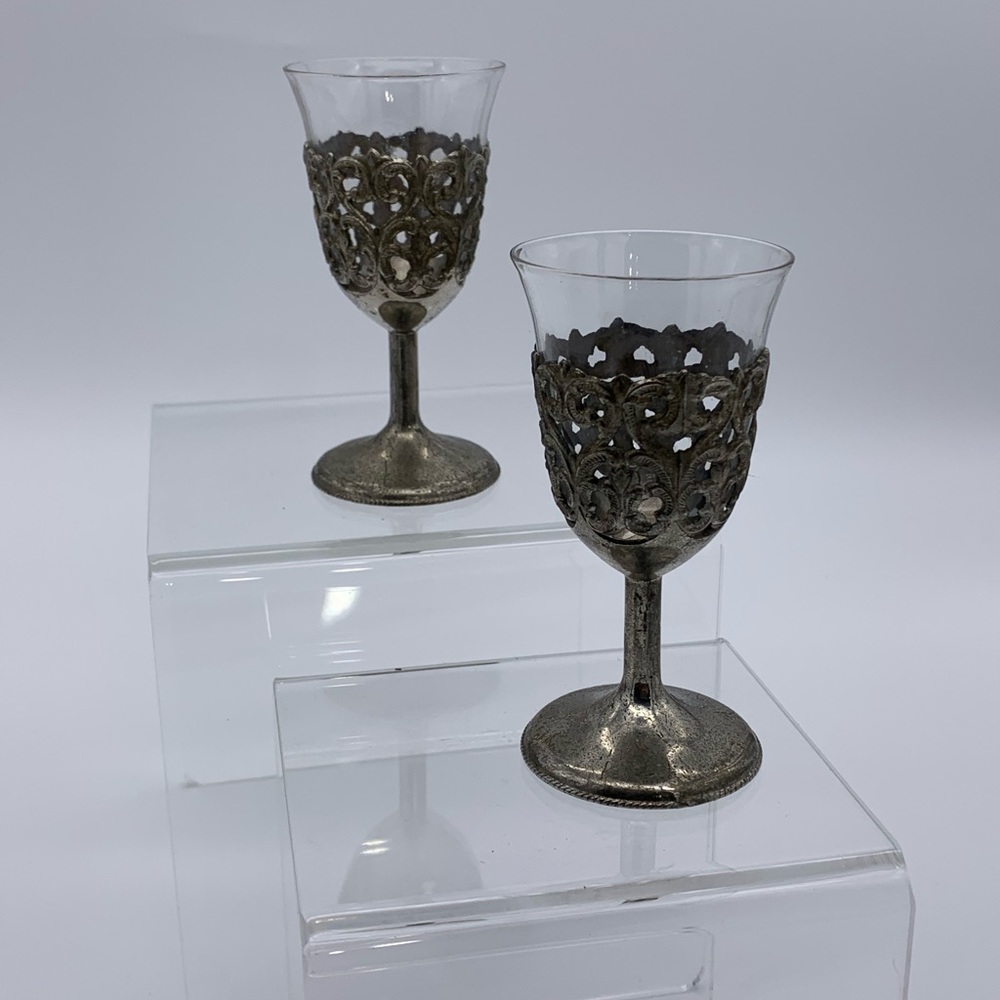 Set of Vintage Metal Cased Cordial Cups Ornate 4”